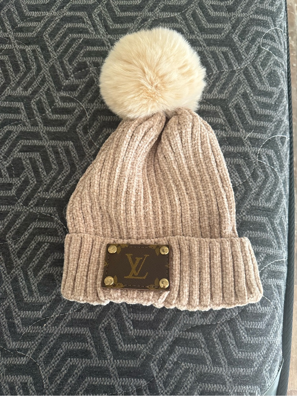 Louis Vuitton Beige Knit Beanie with Cream Pom Pom